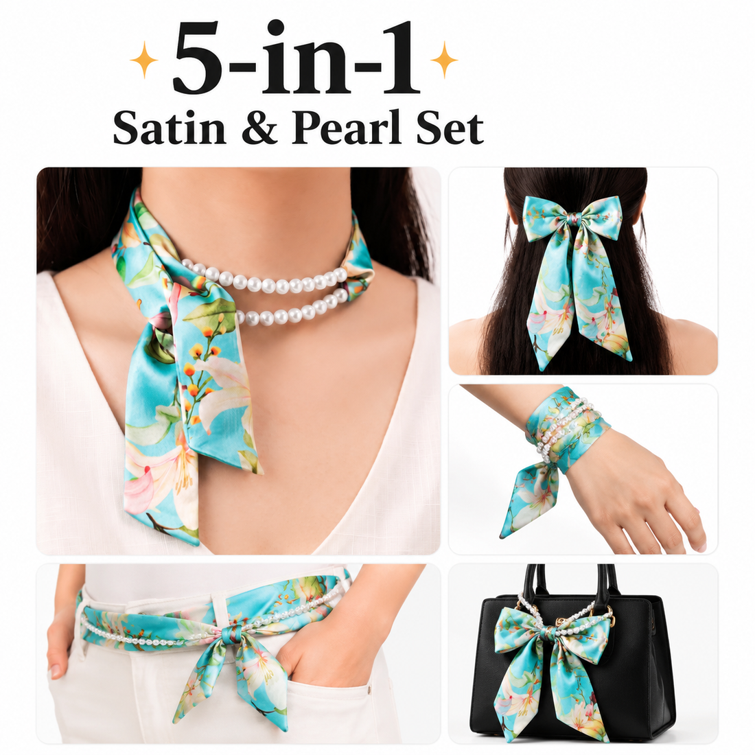5-in-1 Satin & Pearl Set: Necklace, Bracelet, Hair Tie, Waist Belt & Bag Charm