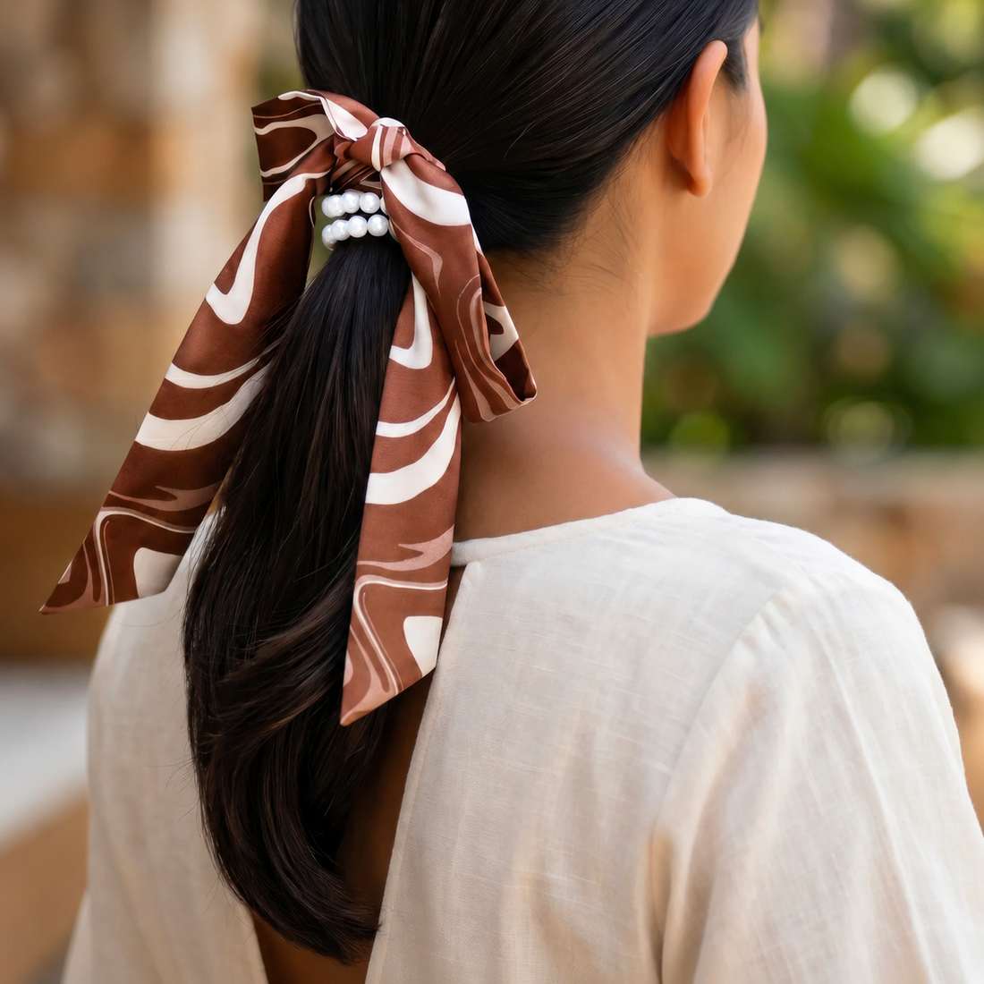 PRAO Necklace Cum Bracelet Anti-Tarnish Brown Satin Scarf With Stretchable Pearl Set