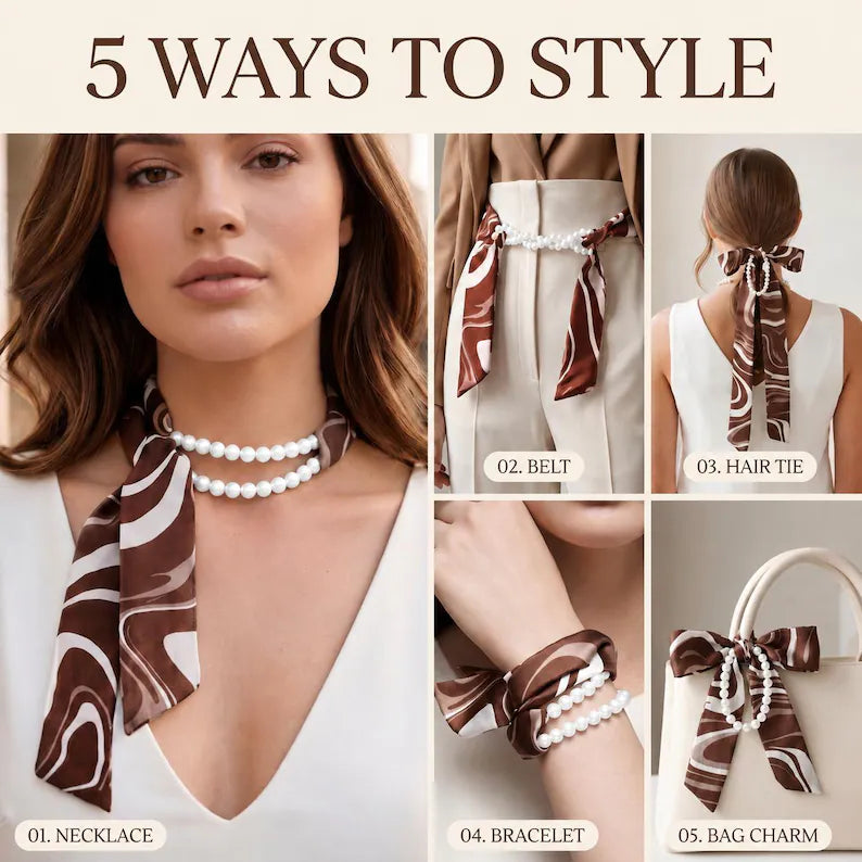 5-in-1 Satin & Pearl Set: Necklace, Bracelet, Hair Tie, Waist Belt & Bag Charm