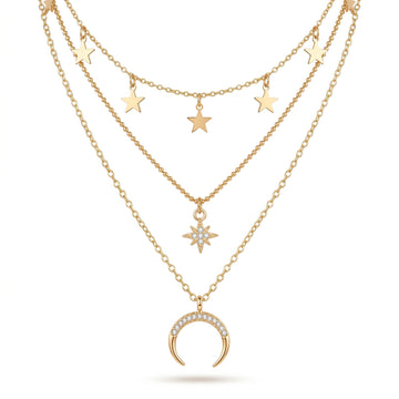 PRAO Necklace Anti-Tarnish Gold Plated Triple Layered Celestial Set
