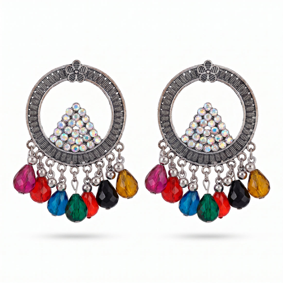 PRAO Earrings Anti-Tarnish Oxidised Triangle Floral Bead