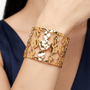 PRAO Bracelet Anti-Tarnish Wide Cuff With Open-Work Circles (Adjustable Size)