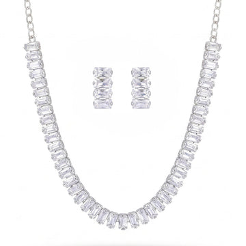 PRAO Necklace Anti-Tarnish Baguette Tennis Set With Earrings