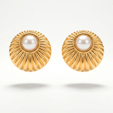 PRAO Earrings Anti-Tarnish Ribbed Texture Round Studs With Faux Pearl Center