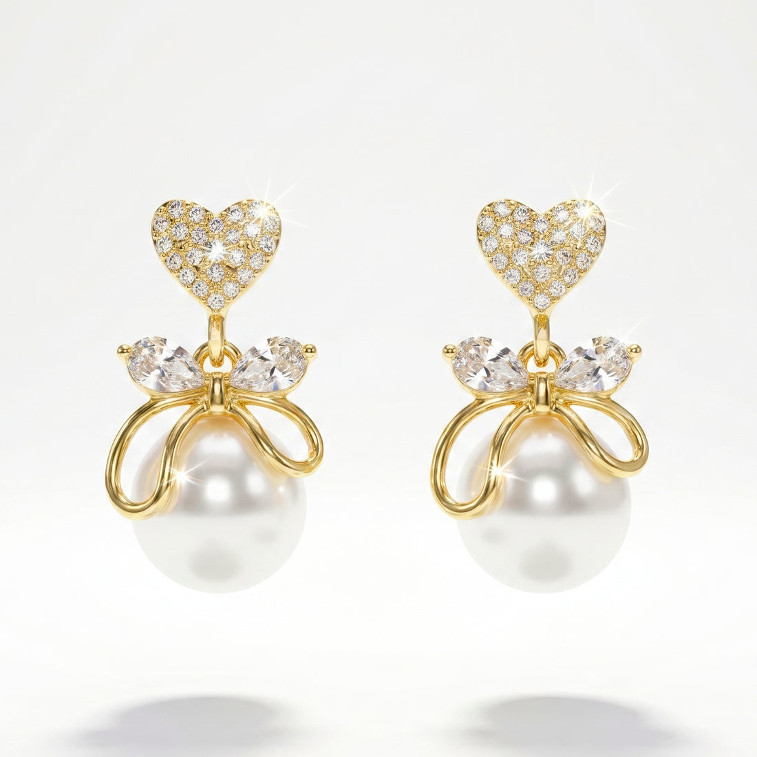 PRAO Earrings Anti-Tarnish Heart Bow Faux Pearl Studs