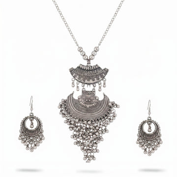PRAO Necklace Anti-Tarnish Oxidised Tribal Half Moon Ghungroos Set With Earrings