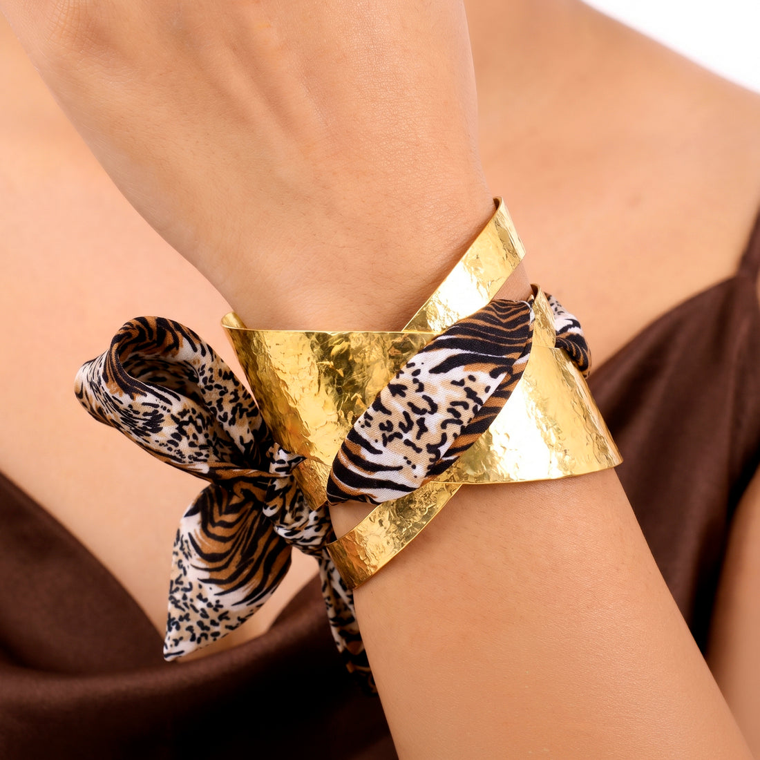 PRAO Bracelet Anti-Tarnish Hammered Golden Cuff With Tiger Print Silk Bow (Adjustable Size)