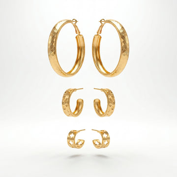 PRAO 3 Earrings Anti-Tarnish Crosshatch Textured Hoop Set With Floral Huggies