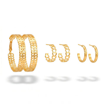 PRAO 3 Earrings Anti-Tarnish Chain Link Hoop Set With Heart Huggies