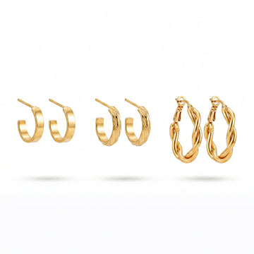 PRAO 3 Earrings Anti-Tarnish Twisted Rope Hoop Set With Petite Hoops