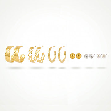 PRAO 6 Earrings Anti-Tarnish Mixed Stud And Hoop Set