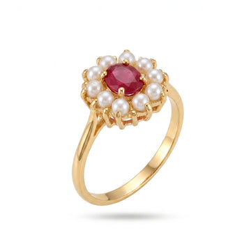 PRAO Ring Anti-Tarnish Ruby Floral Pearl (Adjustable Size)