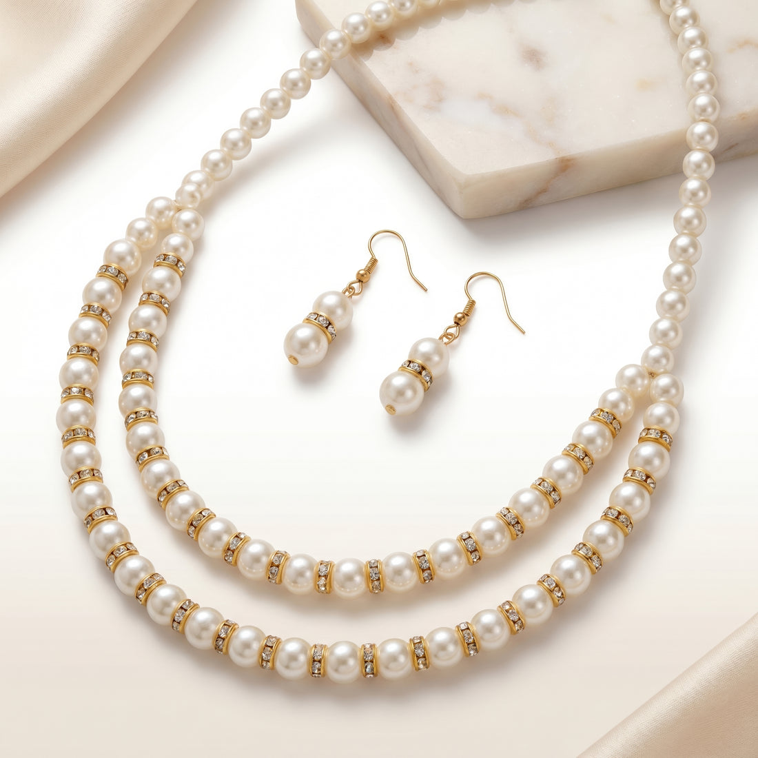 PRAO Necklace Anti-Tarnish Double-Layered Pearl Set With Earrings