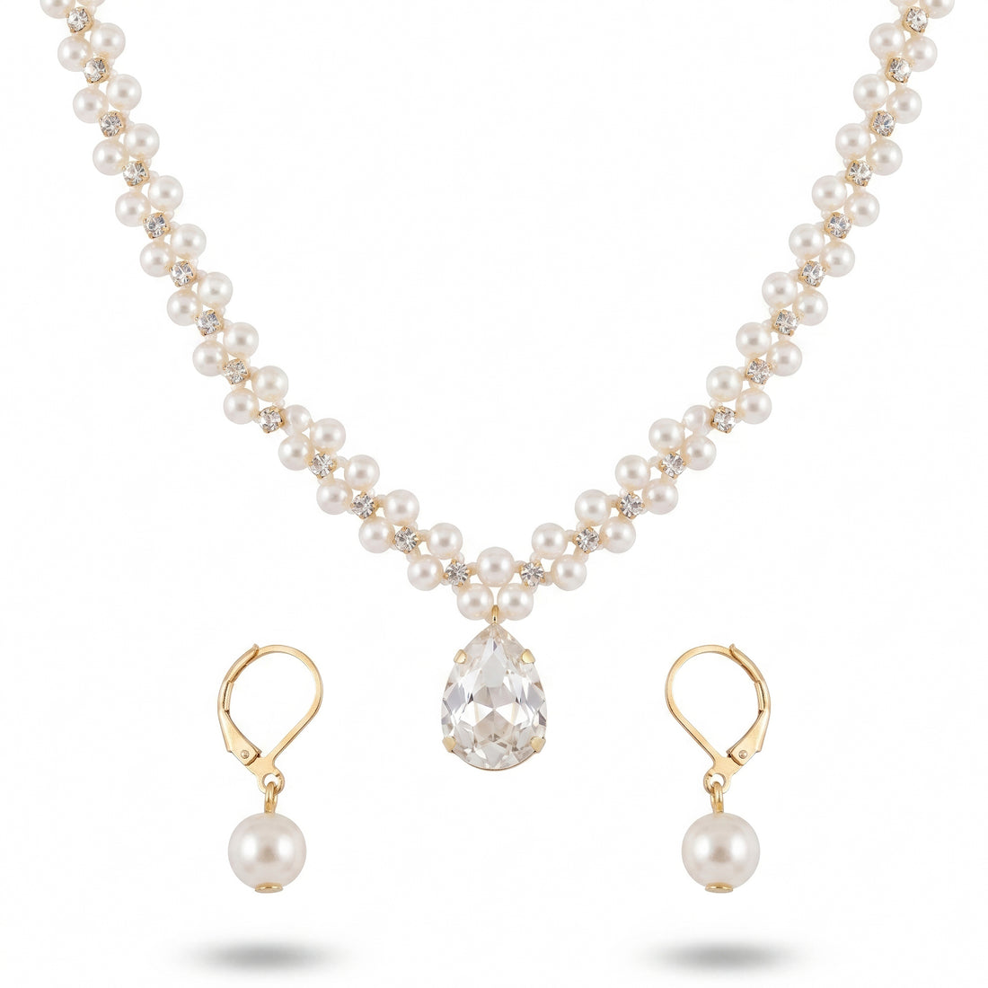 PRAO Necklace Anti-Tarnish Crystal Pearl Teardrop Set With Earrings