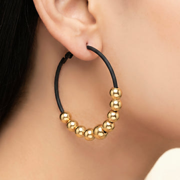 PRAO Earrings Anti-Tarnish Black Hoops With Graduated Gold Beads