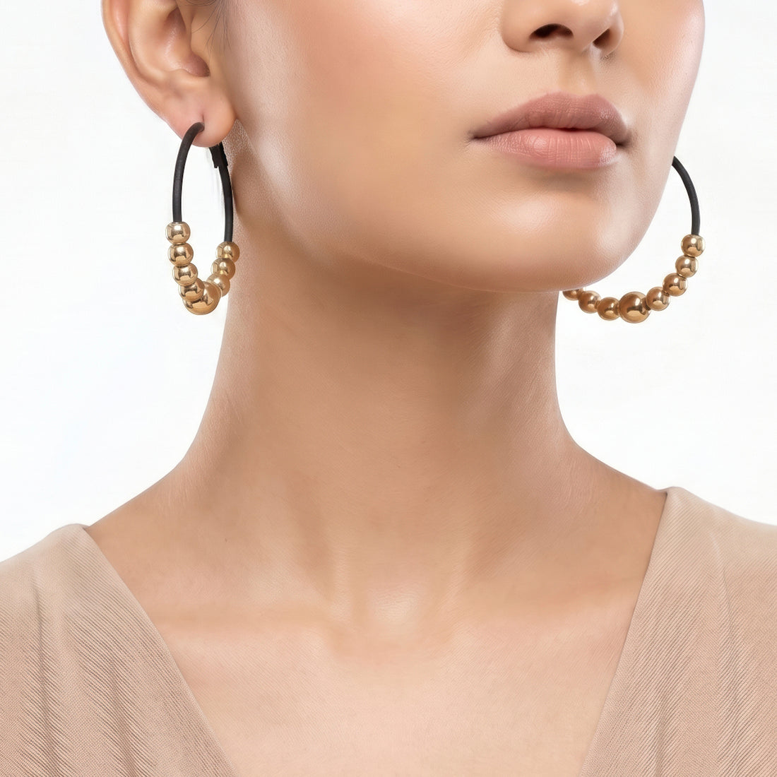 PRAO Earrings Anti-Tarnish Black Hoops With Graduated Gold Beads