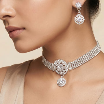 PRAO Necklace Anti-Tarnish Crystal Starburst Choker Set With Earrings