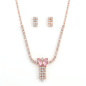 PRAO Necklace Anti-Tarnish Pink Butterfly Rhinestone Set With Earrings