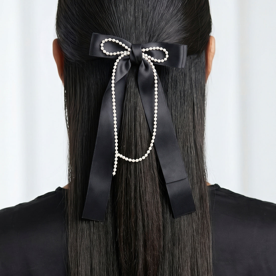 PRAO Hair Clip Anti-Tarnish Black Satin Bow With Faux Pearls