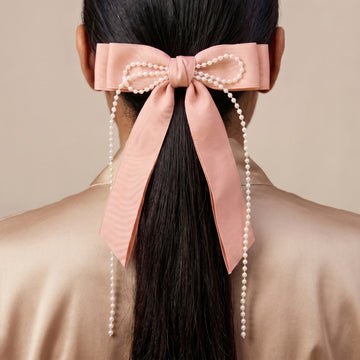 PRAO Hair Clip Anti-Tarnish Nude Pink Satin Bow With Faux Pearls