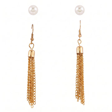 PRAO 2 Earrings Anti-Tarnish Chain Tassel & Faux Pearl Studs Set
