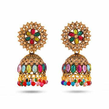 PRAO Earrings Anti-Tarnish Ornate Multi-Color Stone Jhumka