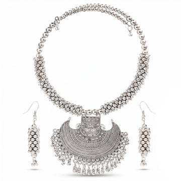 PRAO Necklace Oxidised Silver Set With Earrings