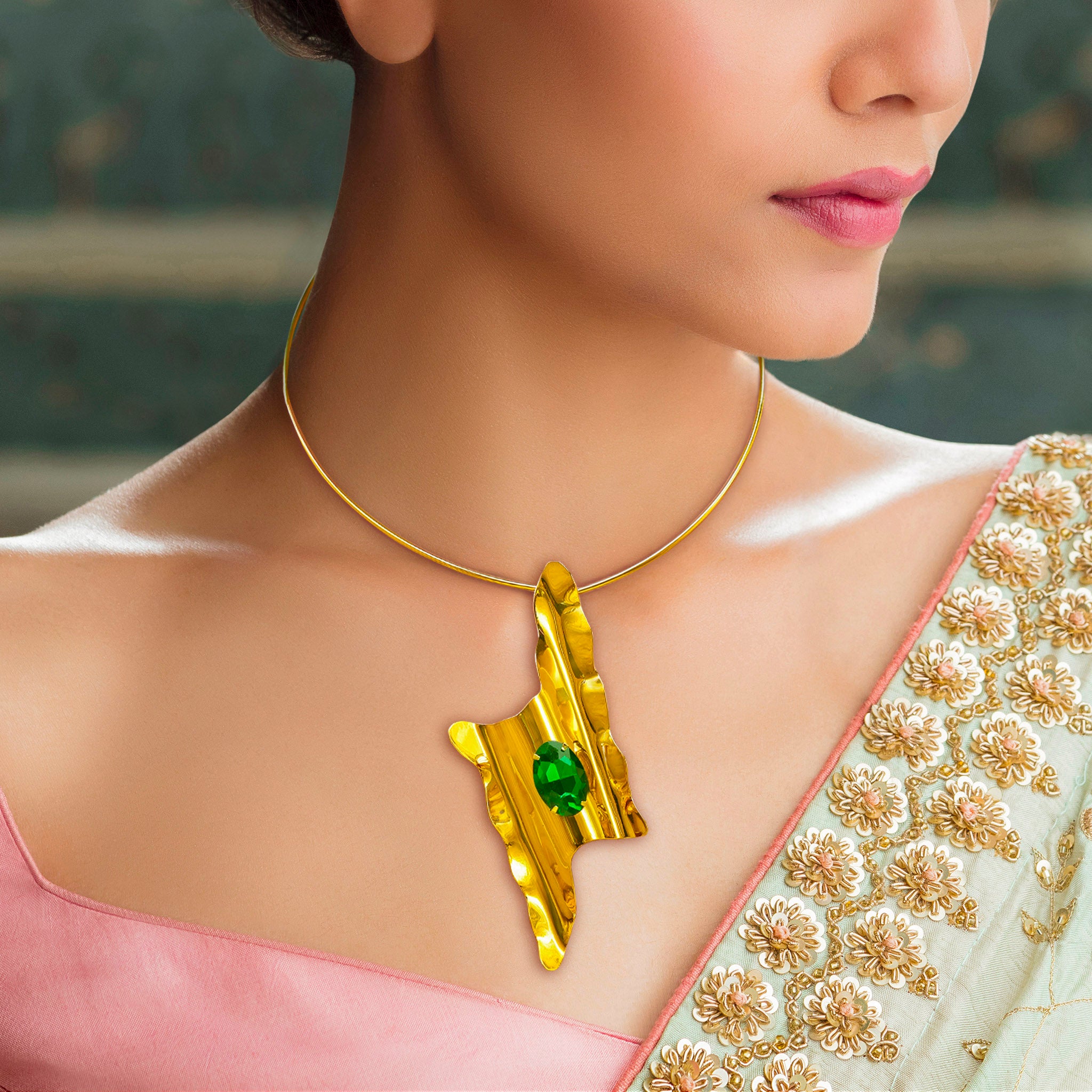 Anti-Tarnish Golden Thunderbolt Emerald Necklace By PRAO