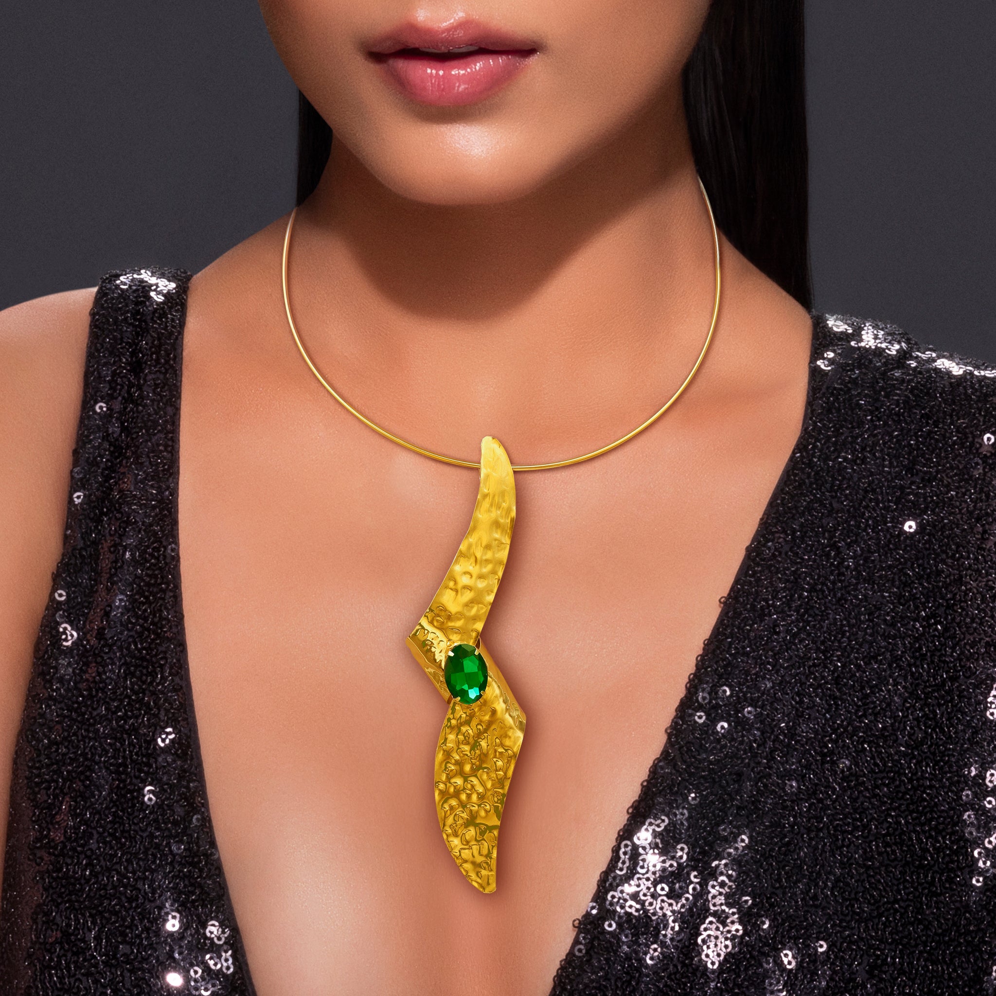 Anti-Tarnish Golden Hammered Folded Necklace With Emerald Crystal By PRAO