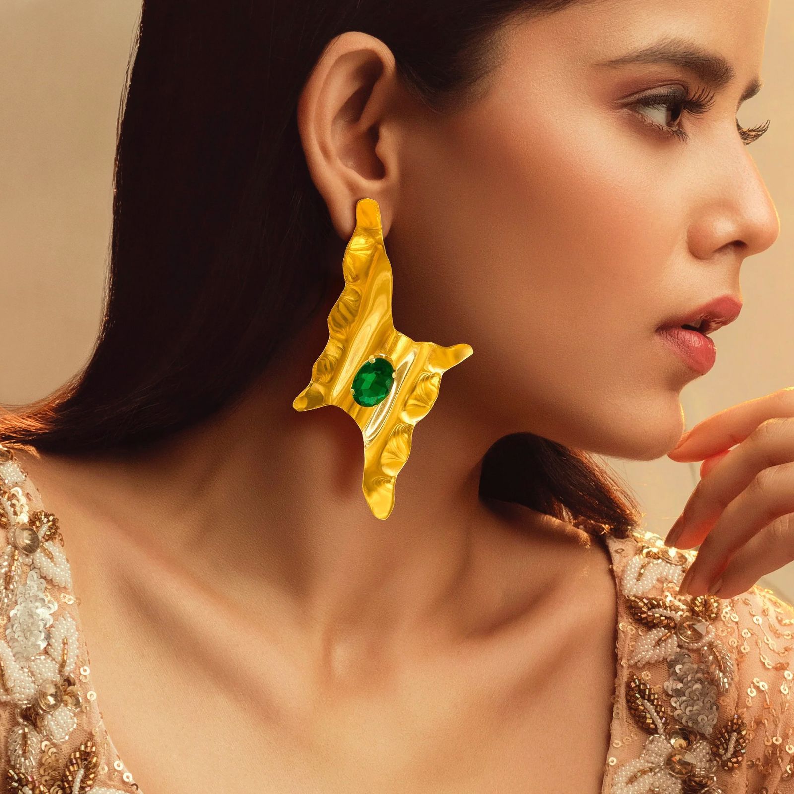 Anti-Tarnish Emerald Thunderbolt Earrings By PRAO