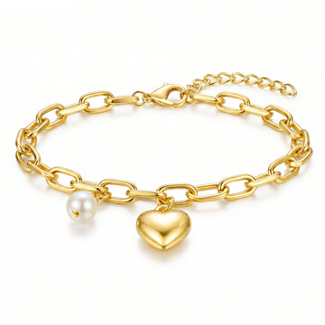 PRAO Bracelet Anti-Tarnish Pearl & Golden Heart Charm (Adjustable Size)