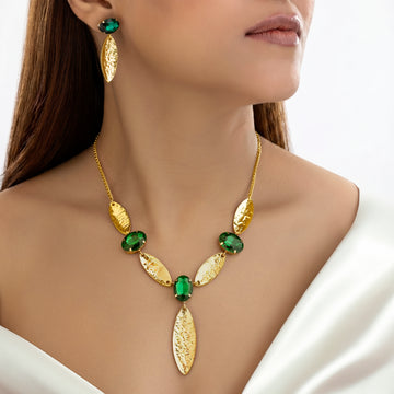 PRAO Necklace Anti-Tarnish Marquise Emerald Set With Earrings