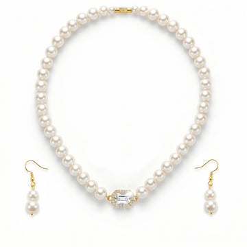 PRAO Necklace Anti-Tarnish Crystal Pearl Set With Earrings