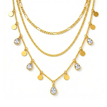 PRAO Necklace Anti-Tarnish Triple Layer Golden Chain & Charms