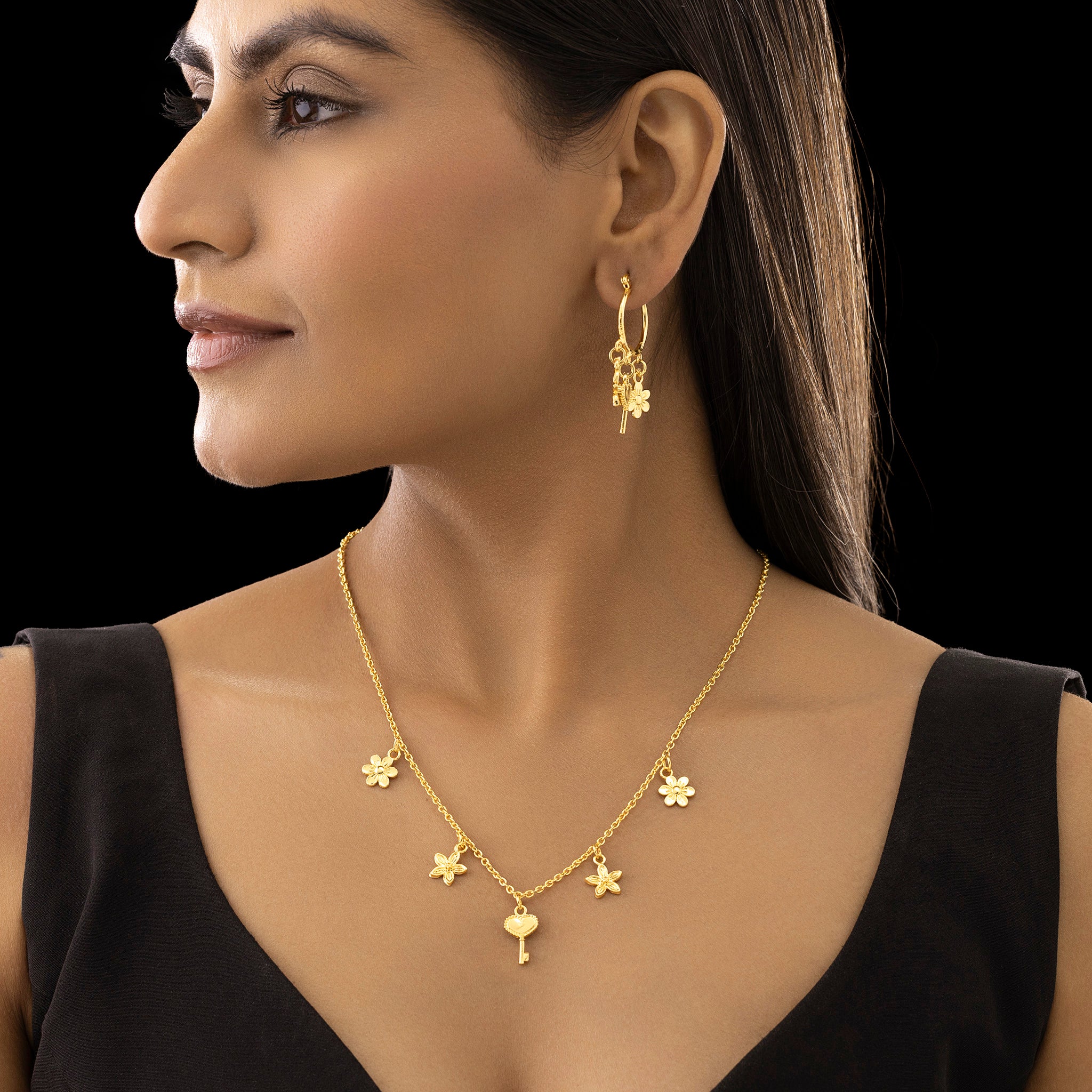 PRAO Anti-Tarnish Multi-Charm Chain Necklace with Earrings