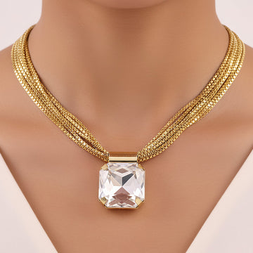 PRAO Necklace Anti-Tarnish Gold Plated Crystal Pendant Set with Earrings