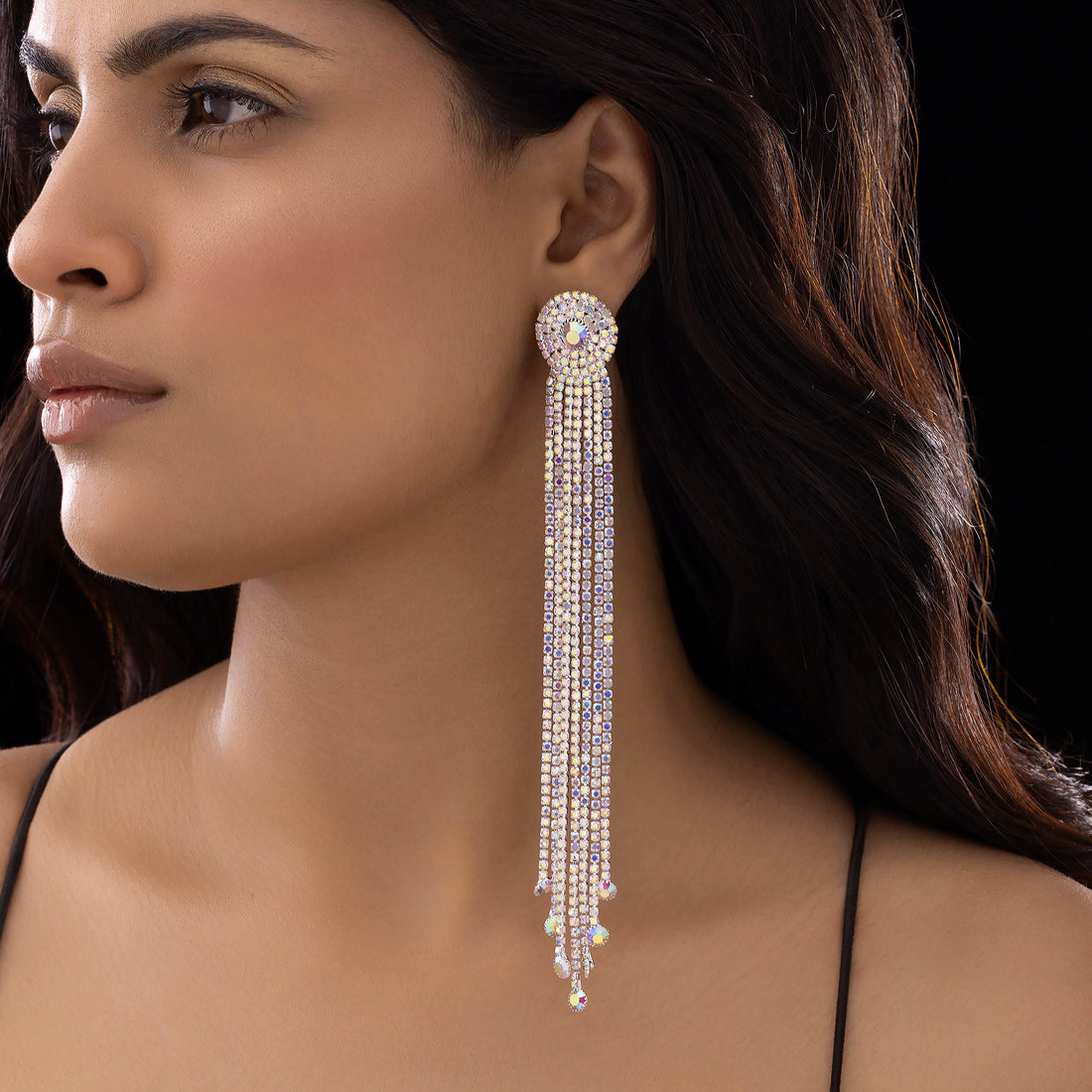 PRAO Anti-Tarnish Rhinestone Tassel Dangle Earrings with Rainbow Crystals