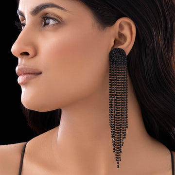 PRAO Anti-Tarnish D-Shaped Statement Earrings with Rhinestone Tassels