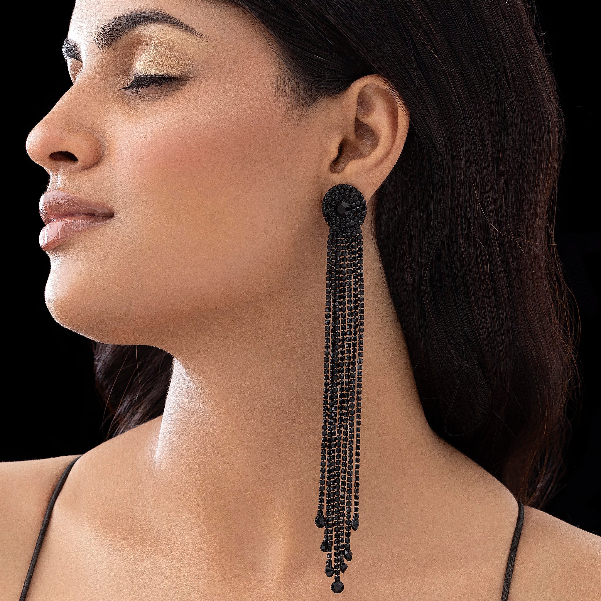 PRAO Anti-Tarnish Long Rhinestone Tassel Dangle Earrings