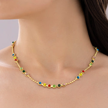 PRAO Anti-Tarnish Multi-Crystals & Ball Chain Single-Line Necklace