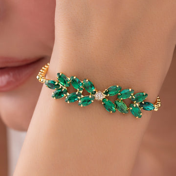 PRAO Anti-Tarnish Marquise Crystal Leafy-Style Chain Bracelet