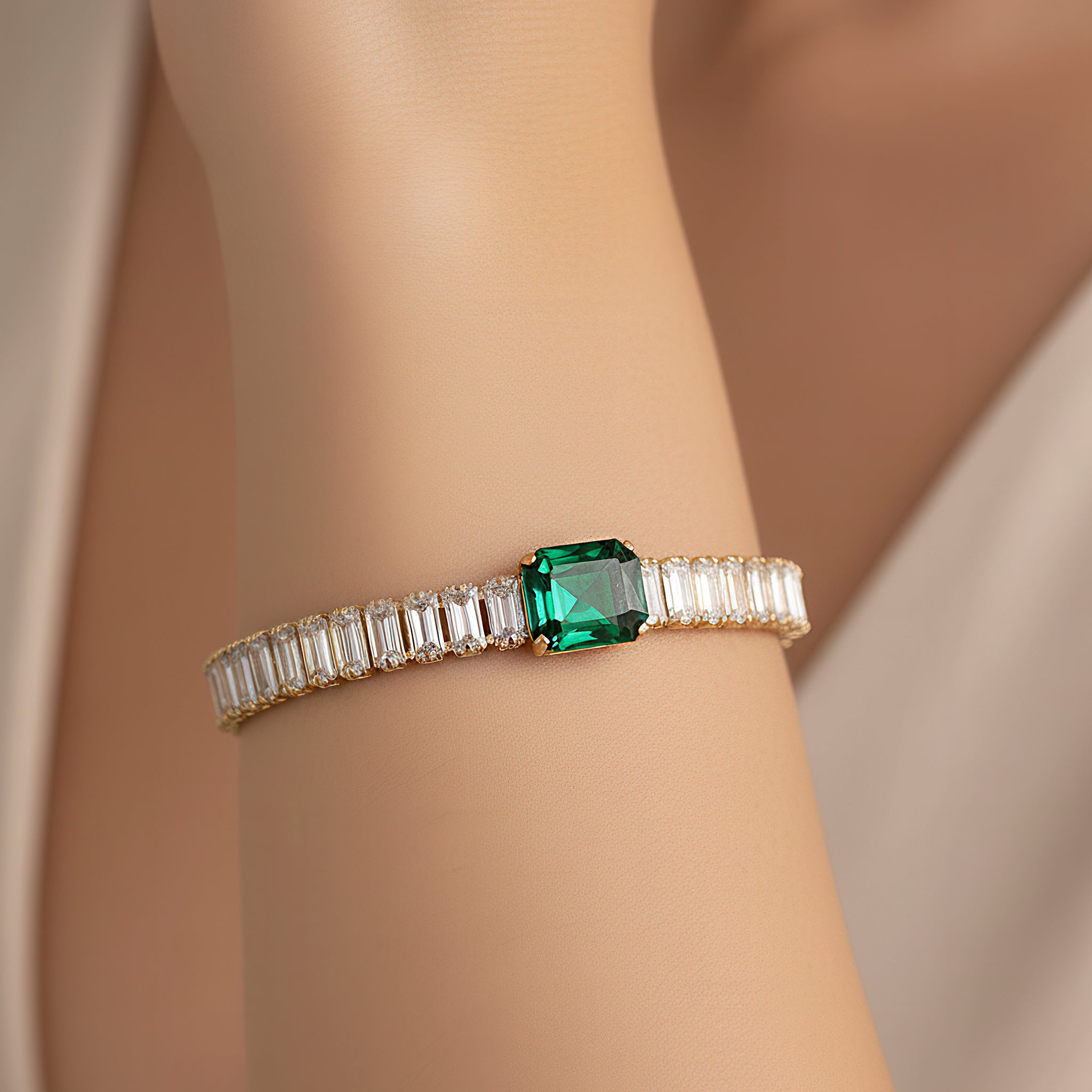 PRAO Anti-Tarnish Baguette Green Stone Chain Bracelet