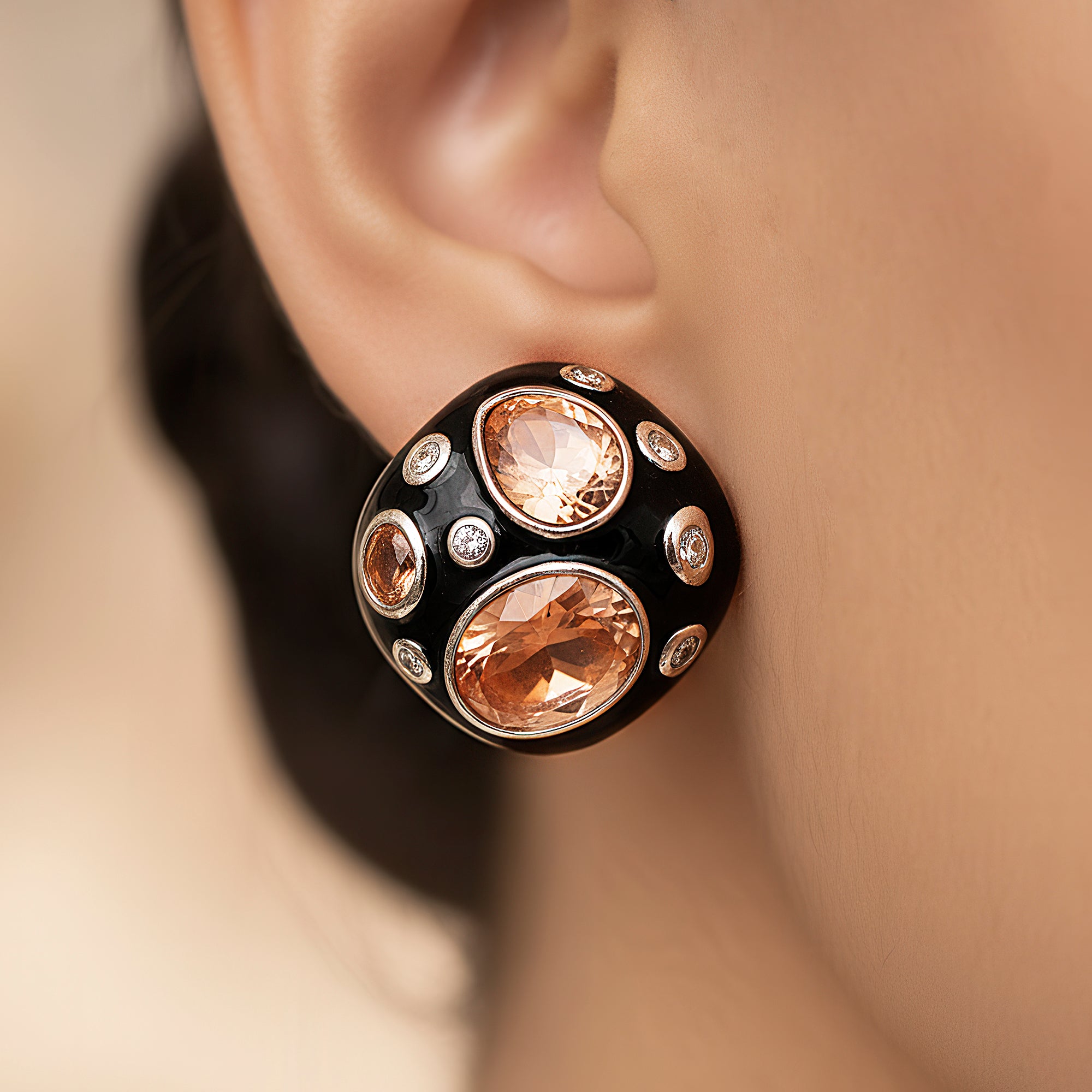 PRAO Earrings Anti-Tarnish Black Enamel Mixed Stones Studded Tops
