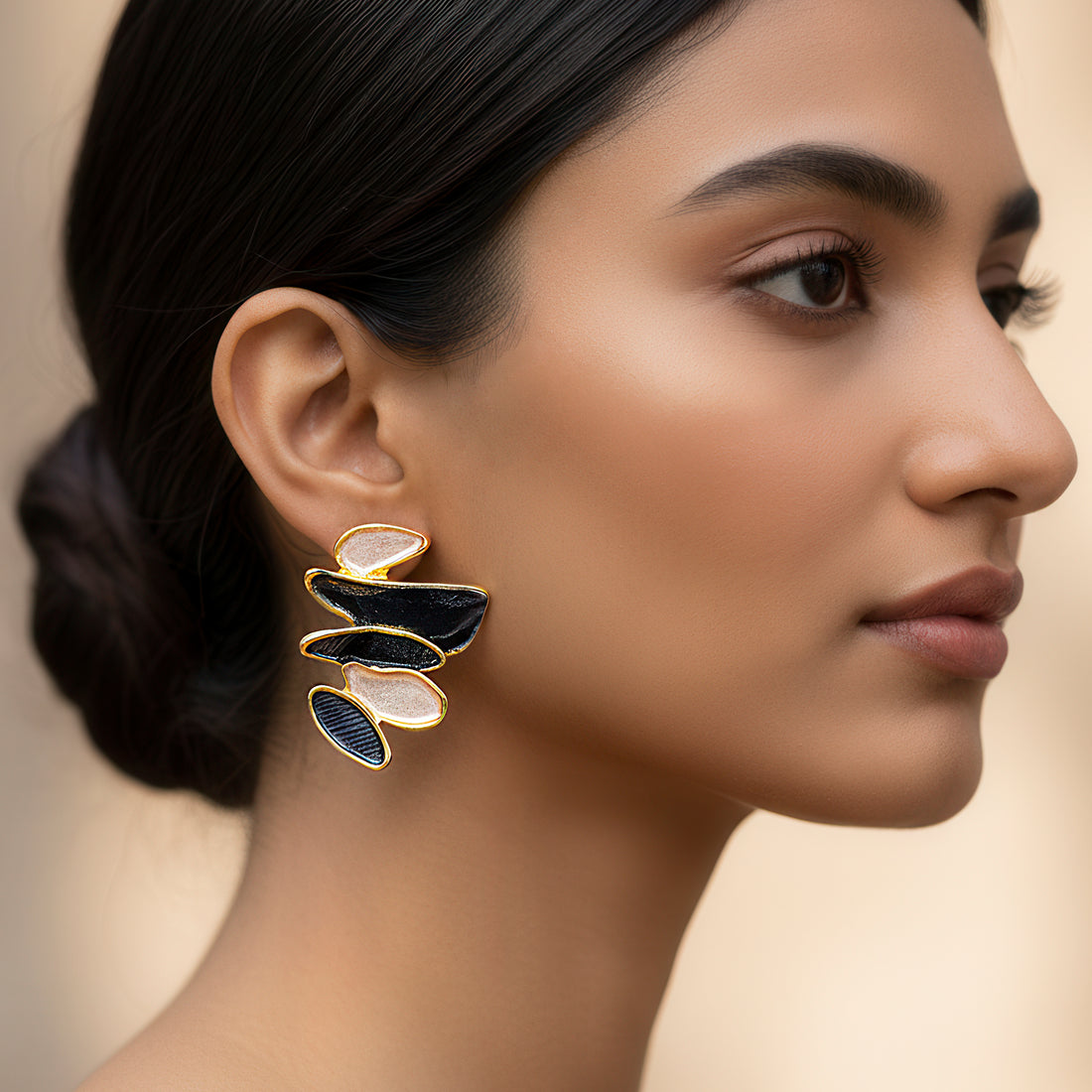 PRAO Anti-Tarnish Abstract Shapes Blue & Ivory Enamel Earrings
