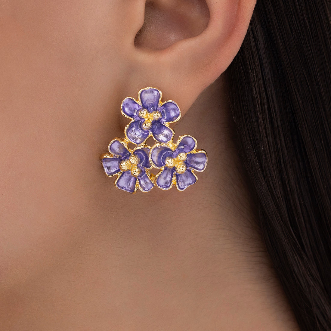 PRAO Anti-Tarnish Purple Enamel Bunch of Flowers Statement Earrings