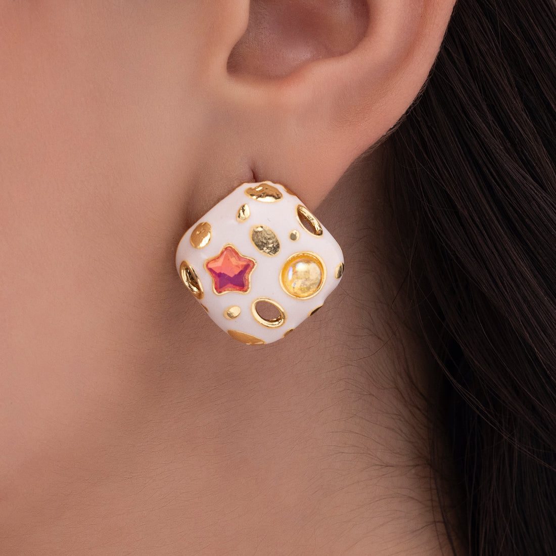 PRAO Anti-Tarnish Ivory Enamel Square Crystal Tops