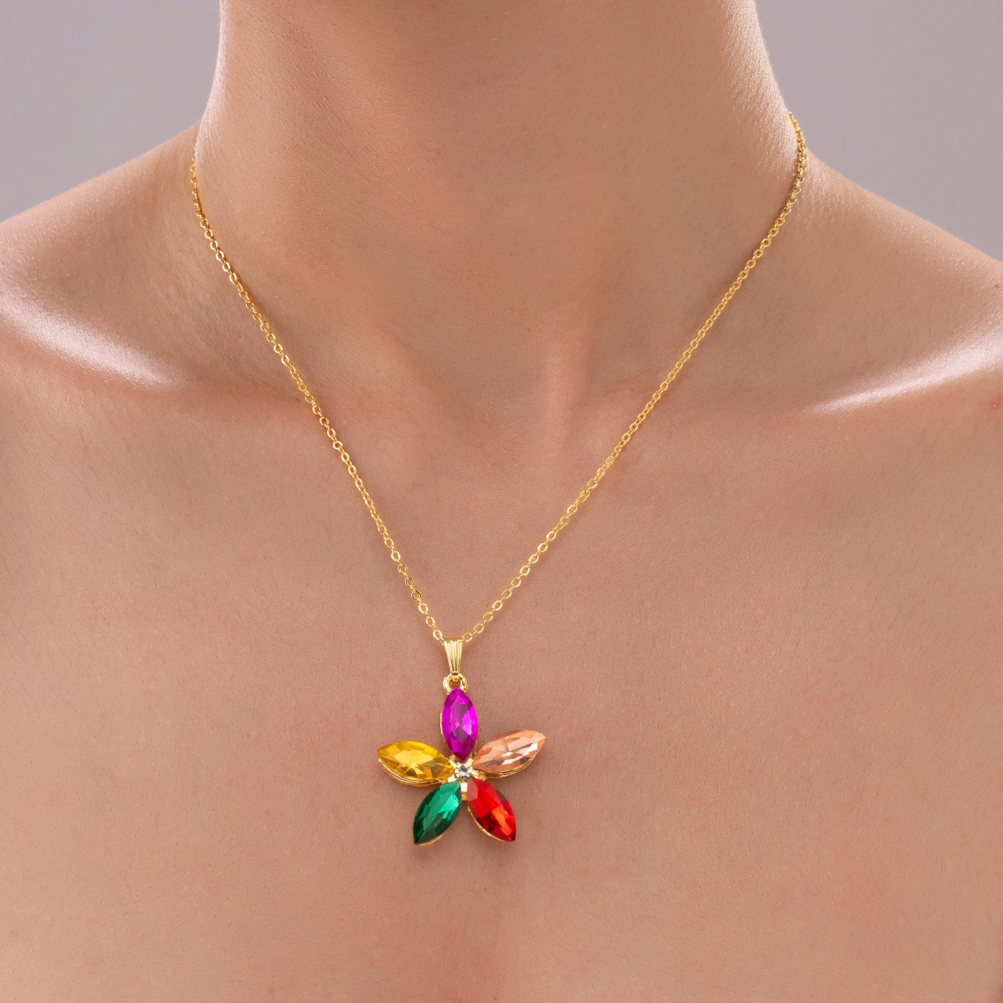 PRAO Anti-Tarnish Multicolor Crystal Flower Pendant Necklace