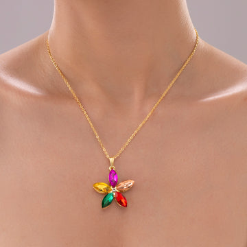 PRAO Anti-Tarnish Multicolor Crystal Flower Pendant Necklace
