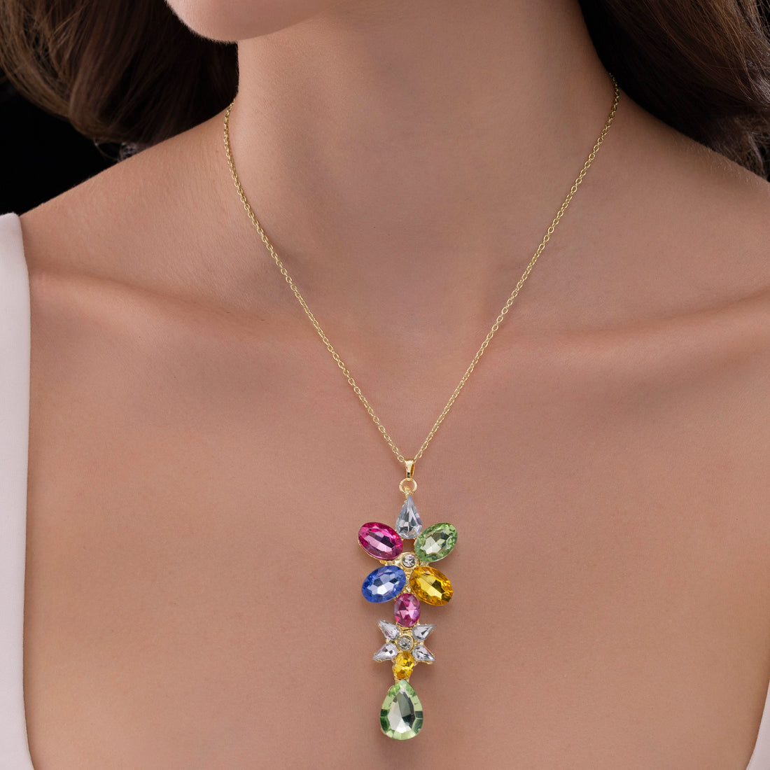 PRAO Anti-Tarnish Multi-Color Flower Design Long Pendant Necklace