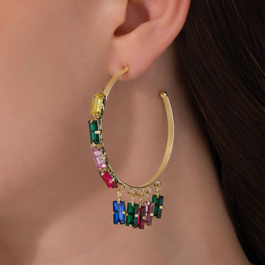 PRAO Anti-Tarnish Rectangle Crystal Charm Hoop Earrings
